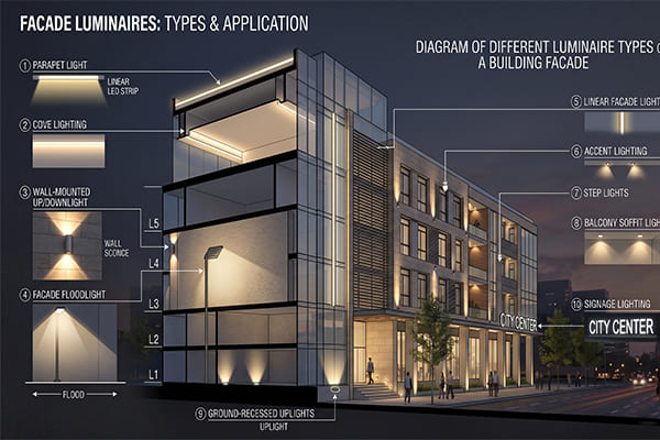 Diagram showing different types of luminaires on a building facade